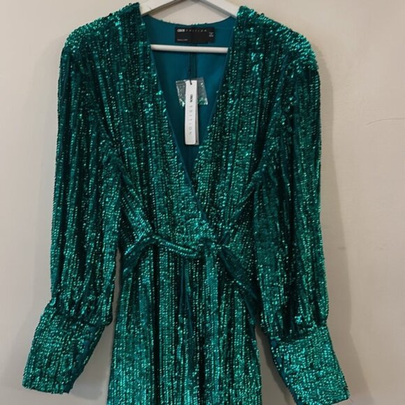 Asos Edition Sequin Wrap Long Sleeve Tie Waist Mini Dress in Teal Green - Picture 5 of 13